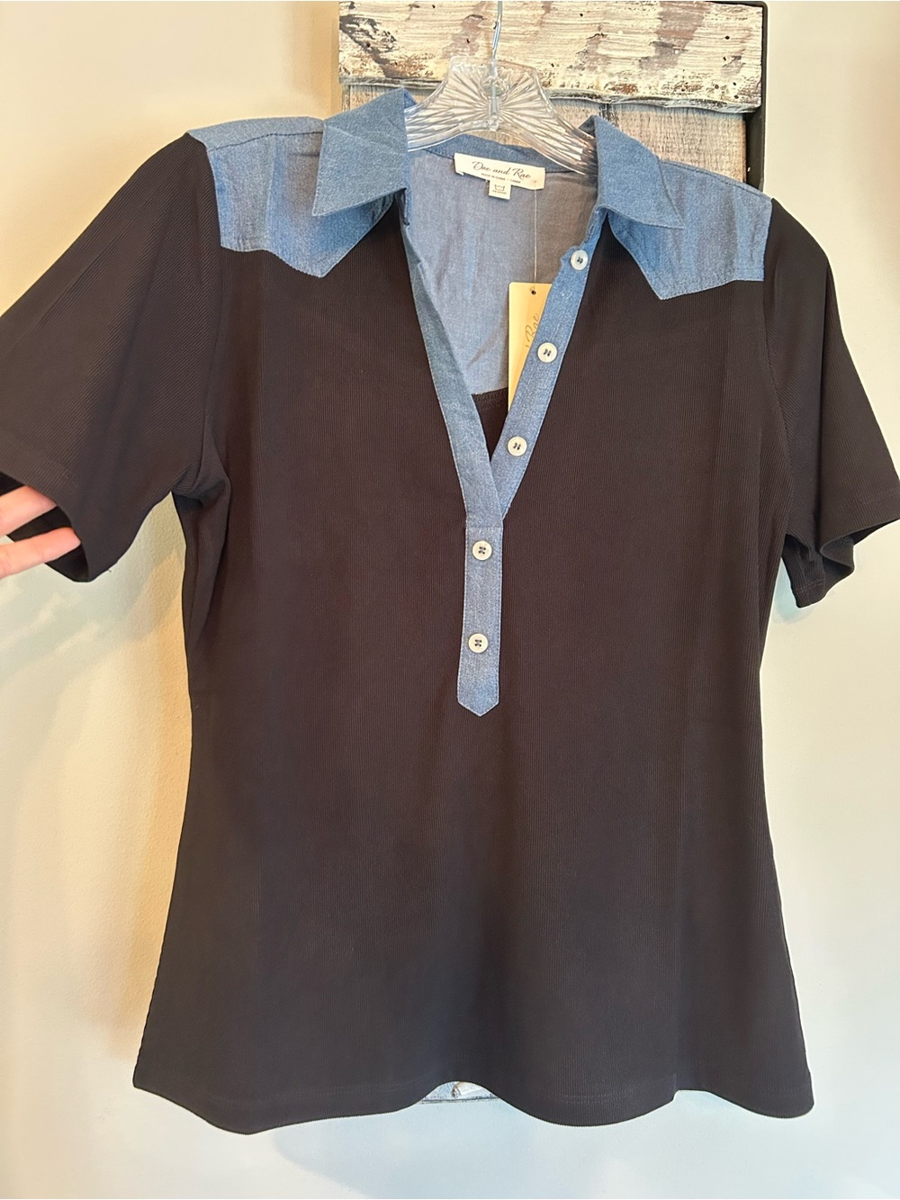 Doe & Rae Black Knit Polo Top with Chambray Blue Trim